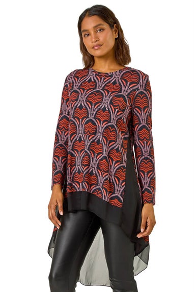 Roman Red Chiffon Hem Printed Stretch Top