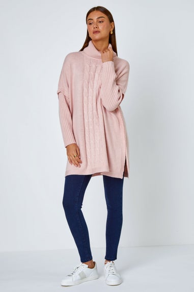 Roman Pink  Cable Knit Roll Neck Poncho Jumper