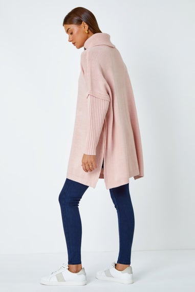 Roman Pink  Cable Knit Roll Neck Poncho Jumper