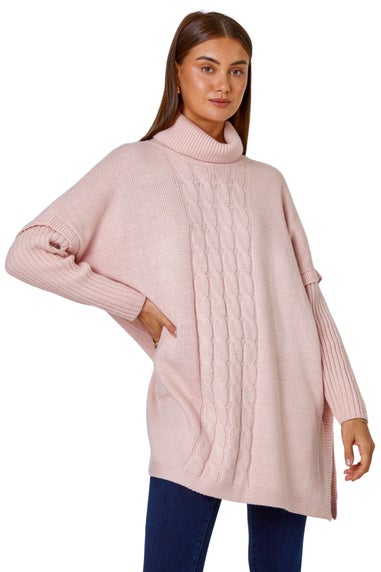 Roman Pink  Cable Knit Roll Neck Poncho Jumper