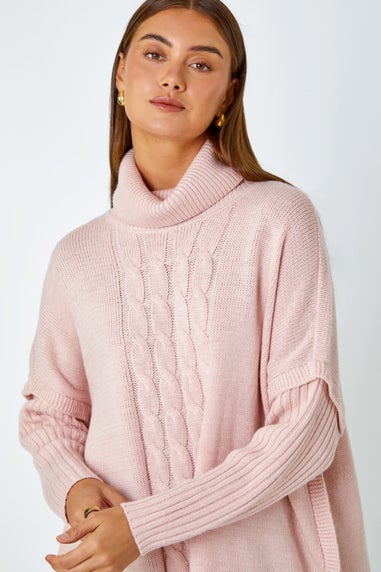 Roman Pink  Cable Knit Roll Neck Poncho Jumper