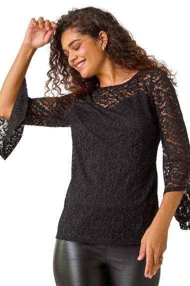 Roman Black Sweetheart Neck Lace Tunic Top