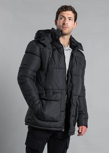 French Connection Black Hooded Padded Parka Longline Jacket