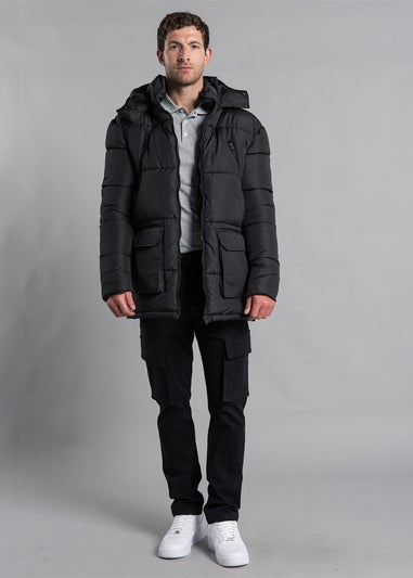 French Connection Black Hooded Padded Parka Longline Jacket