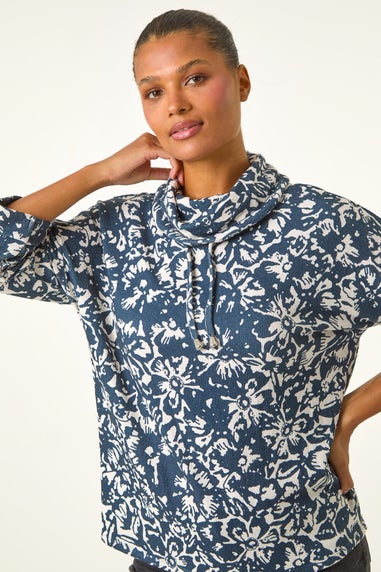 Roman Navy Floral Printed Roll Neck Top