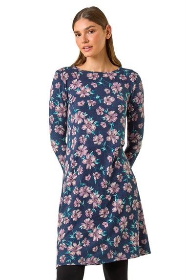 Roman Navy Floral Print Swing Stretch Midi Dress