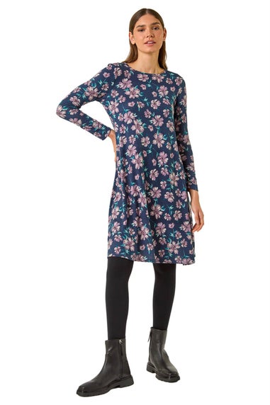 Roman Navy Floral Print Swing Stretch Midi Dress