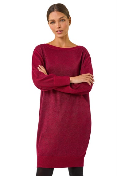 Roman Burgundy Shimmer Slash Neck Jumper Dress
