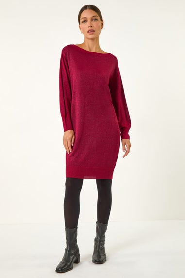 Roman Burgundy Shimmer Slash Neck Jumper Dress