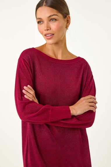 Roman Burgundy Shimmer Slash Neck Jumper Dress