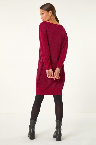 Roman Burgundy Shimmer Slash Neck Jumper Dress
