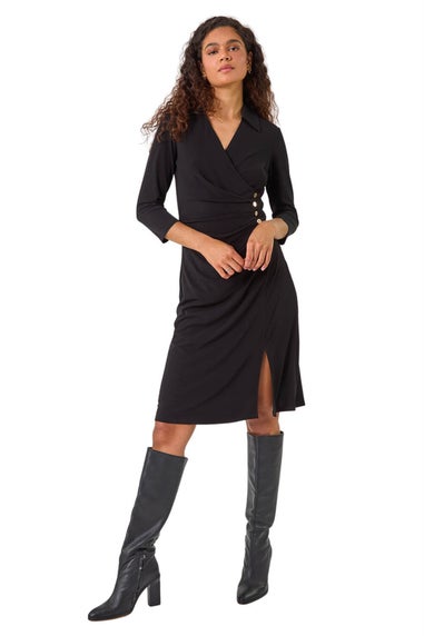 Roman Black Ruched Button Shirt Stretch Midi Dress