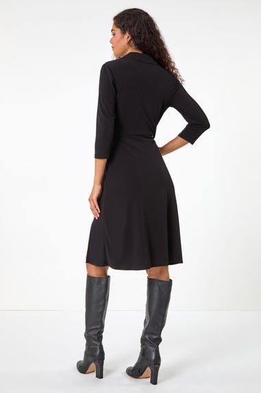 Roman Black Ruched Button Shirt Stretch Midi Dress