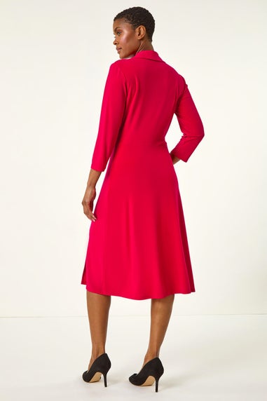 Roman Red Ruched Button Shirt Stretch Midi Dress