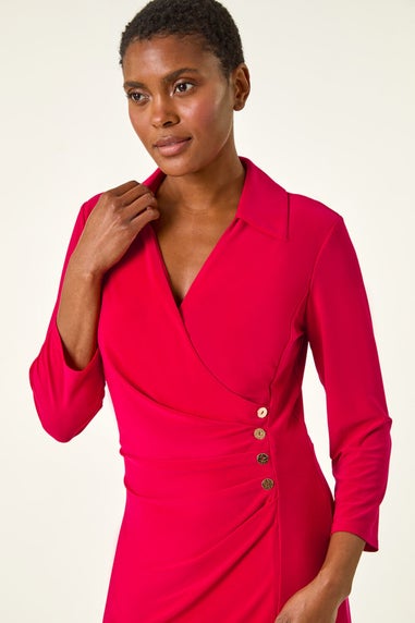 Roman Red Ruched Button Shirt Stretch Midi Dress