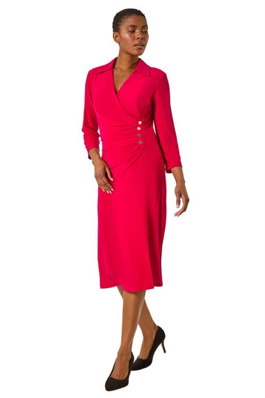 Roman Red Ruched Button Shirt Stretch Midi Dress