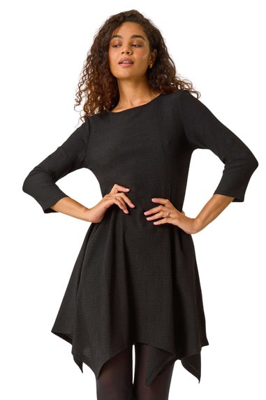 Roman Black Asymmetric Textured Pleat Dress