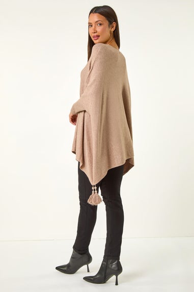 Roman Beige Sparkle Embellished Tassel Poncho