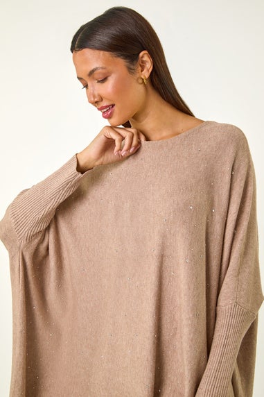 Roman Beige Sparkle Embellished Tassel Poncho