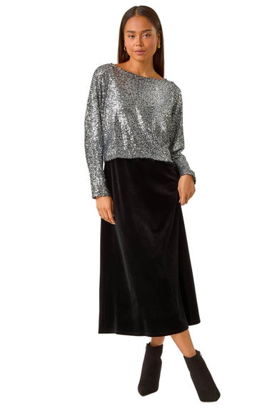 Roman Black Petite Constrast Sequin Velvet Dress