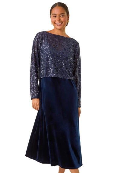 Roman Navy Petite Constrast Sequin Velvet Dress