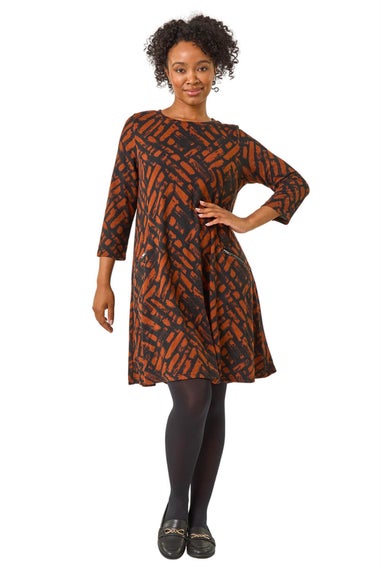 Roman Tan Petite Zip Detail Abstract Dress