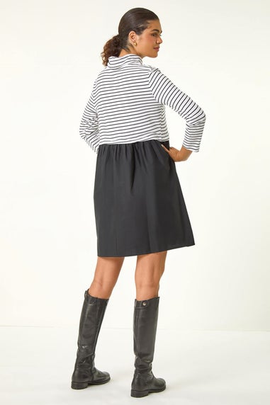 Roman Black Stripe Print High Neck Smock Dress