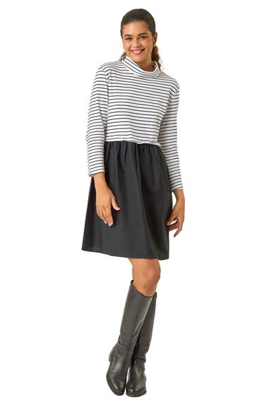 Roman Black Stripe Print High Neck Smock Dress