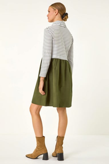 Roman Khaki Stripe Print High Neck Smock Dress