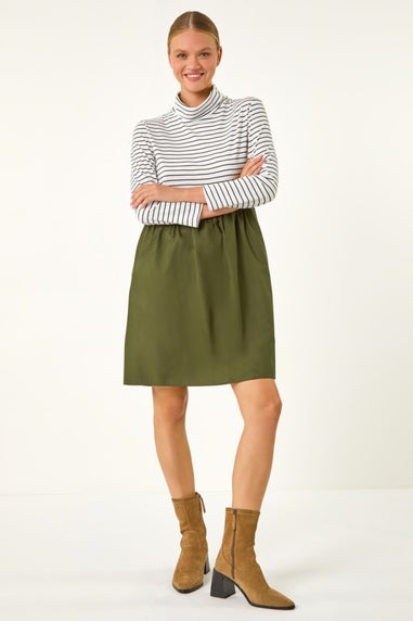 Roman Khaki Stripe Print High Neck Smock Dress