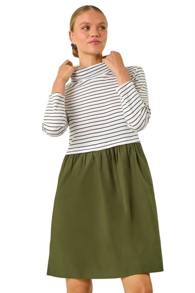 Roman Khaki Stripe Print High Neck Smock Dress