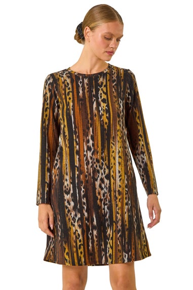 Roman Tan Animal Print Shift Midi Dress