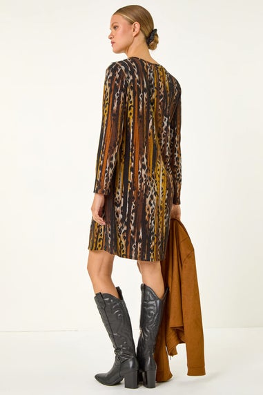 Roman Tan Animal Print Shift Midi Dress