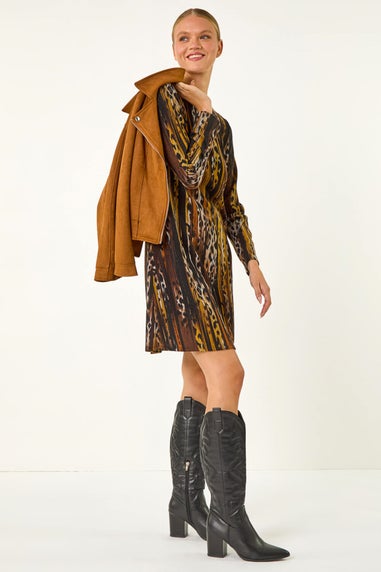 Roman Tan Animal Print Shift Midi Dress