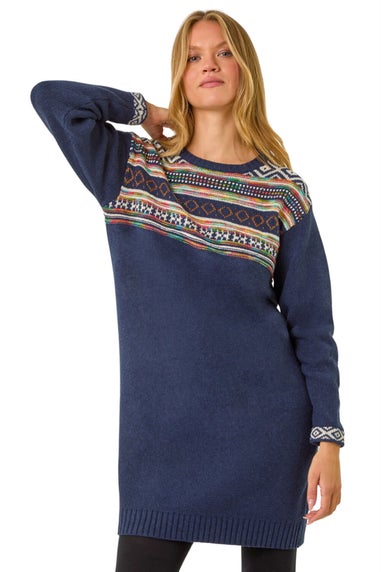 Roman Navy Nordic Pattern Knitted Shift Dress