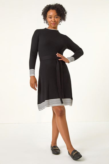 Roman Black Petite Stripe Knitted Midi Dress