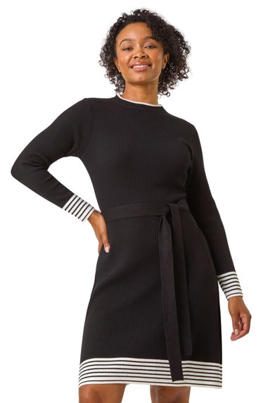 Roman Black Petite Stripe Knitted Midi Dress