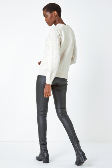 Roman Natural Pearl Embellished Cable Knit Jumper