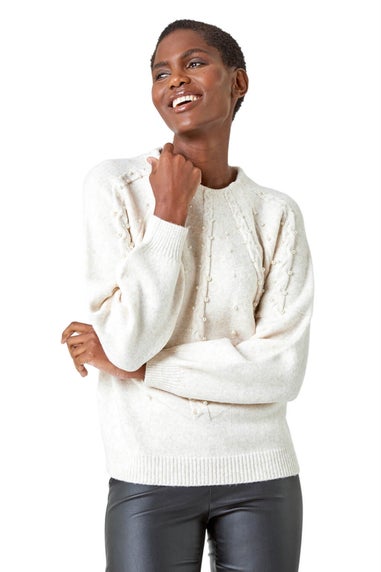 Roman Natural Pearl Embellished Cable Knit Jumper