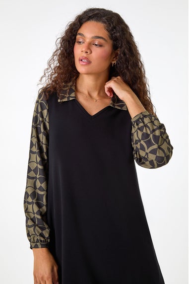 Roman Khaki Geometric Contrast Swing Dress