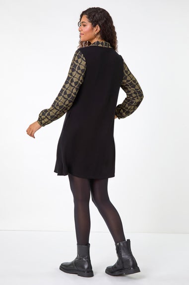 Roman Khaki Geometric Contrast Swing Dress