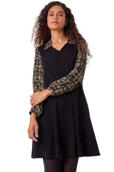 Roman Khaki Geometric Contrast Swing Dress