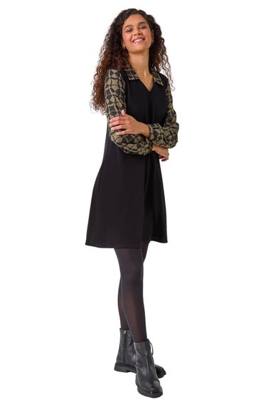Roman Khaki Geometric Contrast Swing Dress