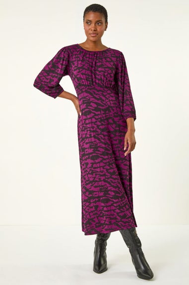 Roman Purple Abstract Print Gathered Stretch Midi Dress