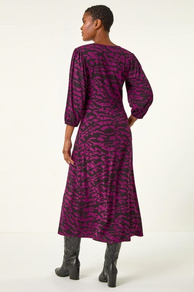 Roman Purple Abstract Print Gathered Stretch Midi Dress