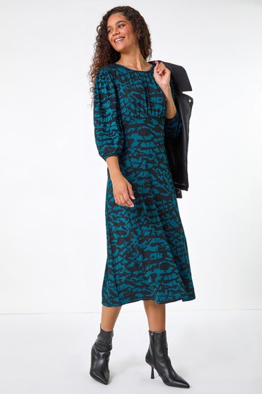 Roman Teal Abstract Print Gathered Stretch Midi Dress