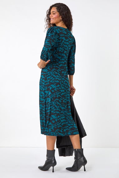 Roman Teal Abstract Print Gathered Stretch Midi Dress