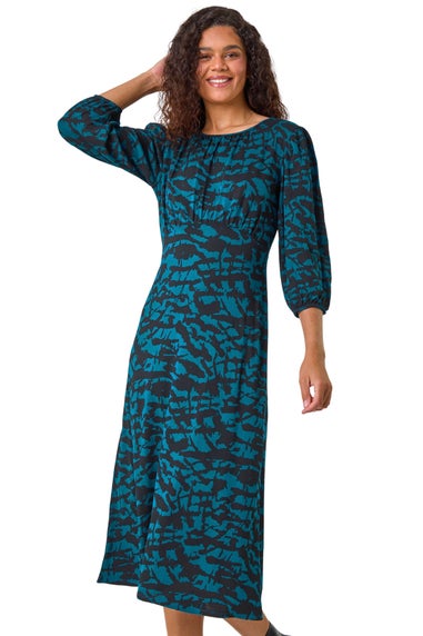 Roman Teal Abstract Print Gathered Stretch Midi Dress