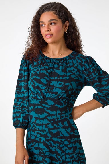 Roman Teal Abstract Print Gathered Stretch Midi Dress