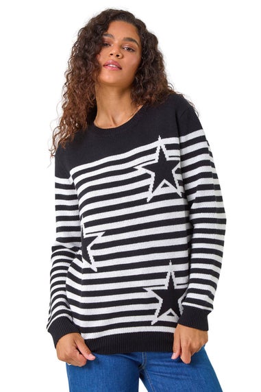 Roman Black Star Stripe Crew Neck Knit Jumper